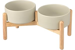 SPUNKYJUNKY Ceramics Raised Dog Bowls with Wooden Stand Elevated Dog Bowl for Small Medium Dog Food and Water Pet Feeding Bowl(Double 28.7OZ Bowls,Grey)