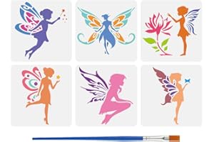 FINGERINSPIRE 6PCS Angel Silhouette Stencils for Painting with Brush 5.9x5.9inch Reusable Fairy with Wings Template Hollowed Flower Stars Butterfly Stencil Fantasy Theme Template for Wall Decoration