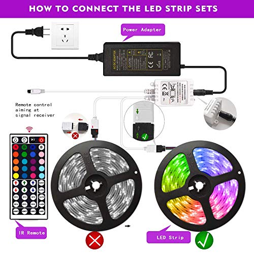 32.8ft/10M LED Strip Light RGB SyNong Soft Rope Lights 5050 SMD DreamColor 300 LEDs Waterproof 2x5M Tape Light with 44 Keys IR Remote Control and 12V Power Adapter for Room Kitchen Indoor Ourdoor Deco