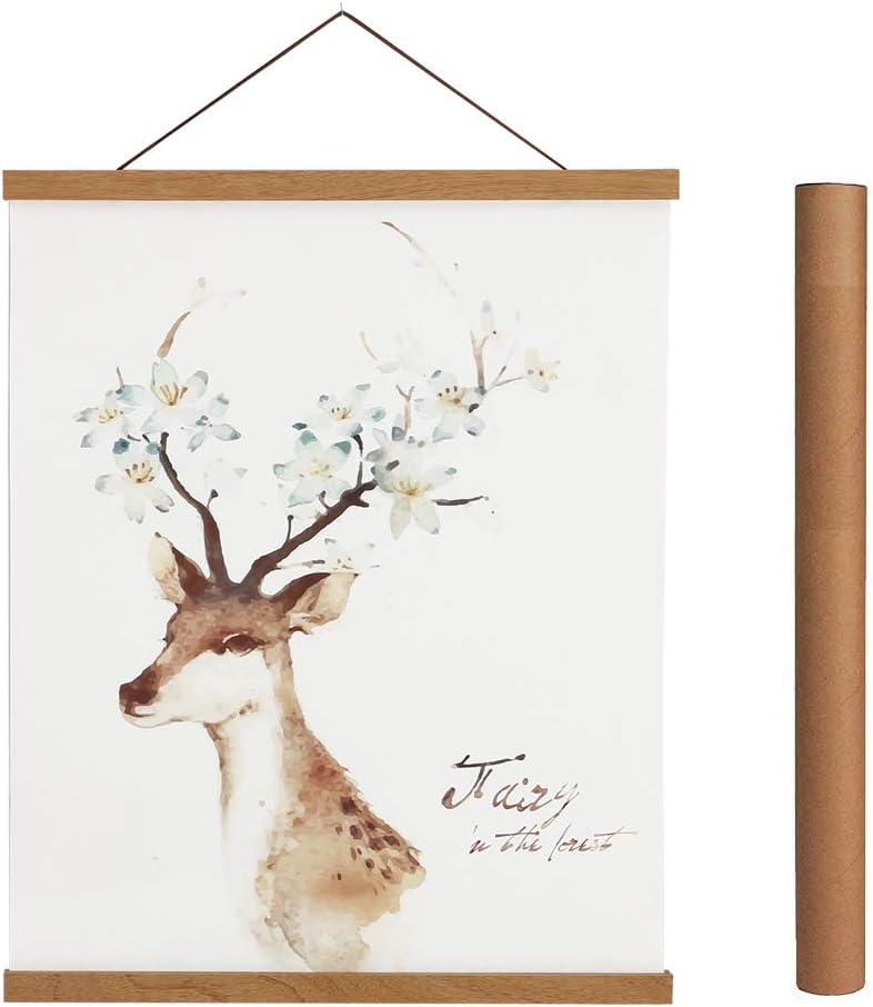 Wall Décor - Magnetic Poster Hanger Frame, 18x24 18x12 18x28 Light Wood Wooden Magnet Canvas Artwork Print Dowel Poster Hangers Frames Hanging Kit (Teak Wood, 18