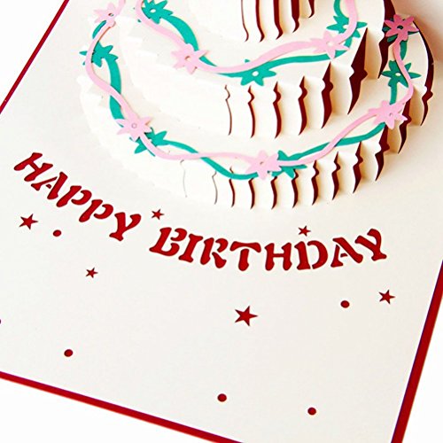 Tubwair Birthday Greeting Card 3D Pop up Cake Paper Handmade Post Cards (Red)