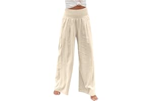 ZunFeo Womens Wide Leg Summer Linen Pants Pleated Waist Palazzo Pants Loose Fit Stretch Casual Summer Resort Clothing 2023
