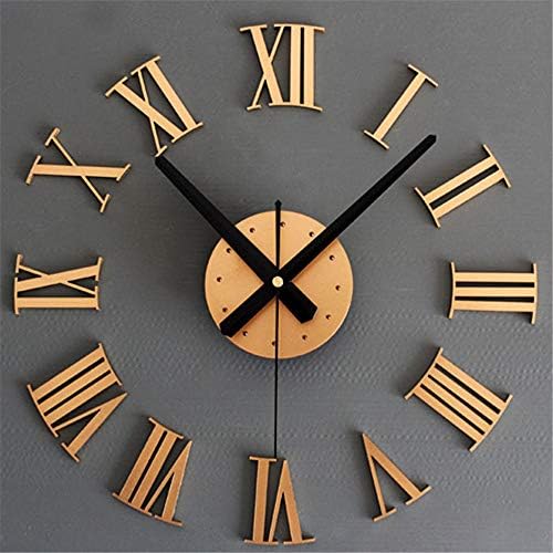 Huangou 3D DIY Wall Clock Frameless Large Clock Apartment Decorations Mute Mirror Wall Stickers Black Roman Numerals Home Decoration Art Clock (Large, Gold)