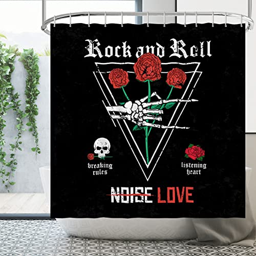 Mokonate Rock and Roll Skull Love Music Shower Curtain Funny Gothic Skull and Rose Black Backdrop Bathroom Decor Set Waterproof Fabric Polyester Bath Accessories with 12 Hooks 72\'\'×72\'\'