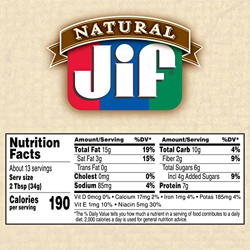 JIF NATURAL CREAMY PEANUT BUTTER SPREAD AND HONEY – CONTAINS 80% PEANUTS, 16 OUNCES