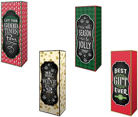 Christmas Holiday Red, Green &amp; Gold Reusable Wine &amp; Liquor Bottle Bags - Assorted 4 Pack, 14" x 5" x 3.5"