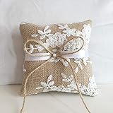 Burlap Ring Bearer Pillow Lace Bow Flower Bridal Embroided Wedding Accessories Vintage Rustic Country Ceremony Cushion