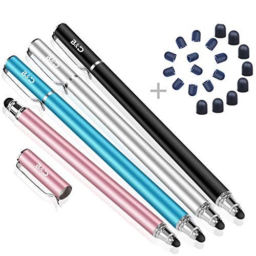 Bargains Depot Capacitive Stylus/Styli 2-in-1 Universal Stylus Pens for All Touch Screen Tablets/Cell Phones with 20 Extra Replaceable Soft Rubber Tips (4 Pieces, Black/Blue/Silver/Rose Gold)