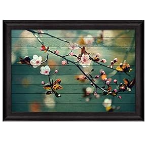 Cherry Blossom Branch Over Teal Wooden Panels Nature Framed Art