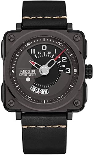 Megir Mens Fashion Casual Calendar Black Leather Square Quartz Watches