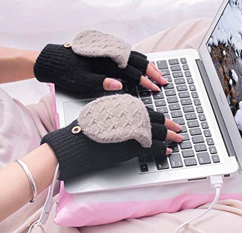 SoulQ Unisex USB Heated Gloves,Knitted Washable Winter Half & Full Fingers Warmer Laptop Gloves Mittens - Best for Women Men Girls Boys Winter Gift Choice (Black)