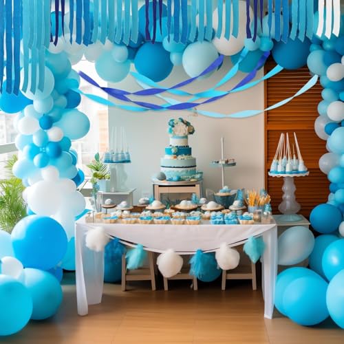 Crepe Paper Streamers 8 Rolls 656ft - Blue & White Party Decorations for Birthday, Wedding, Baby Shower, Pastel Royal Shades, 1.8x82ft/Roll Event Backdrop