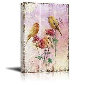 Yellow Canary Birds on Branches with Pink Roses Over Wood Panels - Nature - Canvas Art Home Art - 12x18 inches