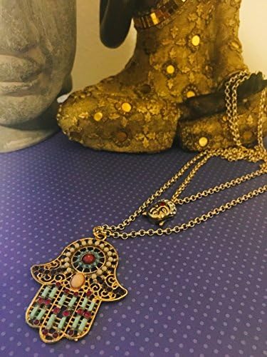 Indulgence Double Necklace Gold color chain with Hamsa Hand and Budha Pendant