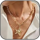 Lyfange Gold Star Necklace for Women Trendy Bold Star Pendant Necklace Statement Necklaces Vintage Hammered Jewelry