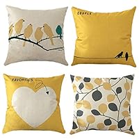 MeGaLuv Pack of 4, Square Bird Leaves Decorative Throw Pillow Case Cushion Cover Pillowcase for Sofa Bedroom Car 18 x 18 Inch (Beige and Yellow, 18 x 18 Inch)
