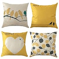 MeGaLuv Pack of 4, Square Bird Leaves Decorative Throw Pillow Case Cushion Cover Pillowcase for Sofa Bedroom Car 18 x 18 Inch (Beige and Yellow, 18 x 18 Inch)