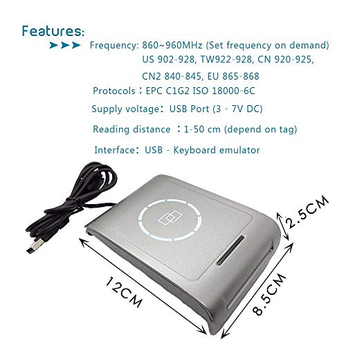 UHF USB Desktop Reader Writer with 860-960MHz Frequency Complie with EPC C1G2 ISO 18000-6C Support Keyboard Emulation Output + 10pcs UHF Tags(Alien 9662 H3) - Thumbnail 3