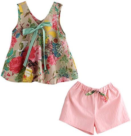 CAIBIET Toddler Baby Girls Summer Outfit Kid Newborn Sleeveless Floral Vest T-Shirt Top +Shorts Pants Outfits Set (Floral Vest T-Shirt Top +Shorts Pants, 130(6-7 Years))