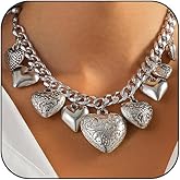 AllJunction Chunky Gold Puffy Heart Charm Necklace Silver Vintage Statement Big Hearts Charms Pendant Cuban Link Chain Choker Necklaces Trendy Jewelry for Women