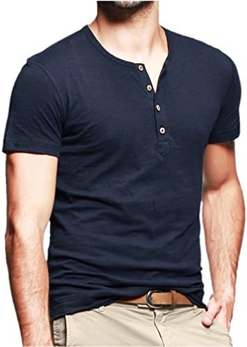 Kuegou Mens Cotton T-Shirts Henley Shirts Medium Dark Blue