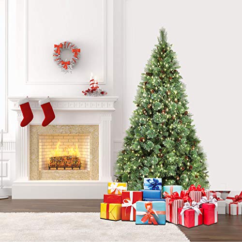 SHareconn 6.5ft Pre-Lit Premium Artificial Hinged Christmas Pine Tree with 380 Clear Lights, 60 Pine Cones, 1460 Branch Tips and Metal Stand