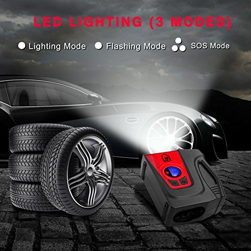 Cxy Portable Tire Inflator, 12V DC Digital Auto Air Compressor Pump with LED Lighting and 2 Interchangeable Nozzles for Car Vehicle, Motorcycle, Bicycle, Airbed and Balls (Black and Red)