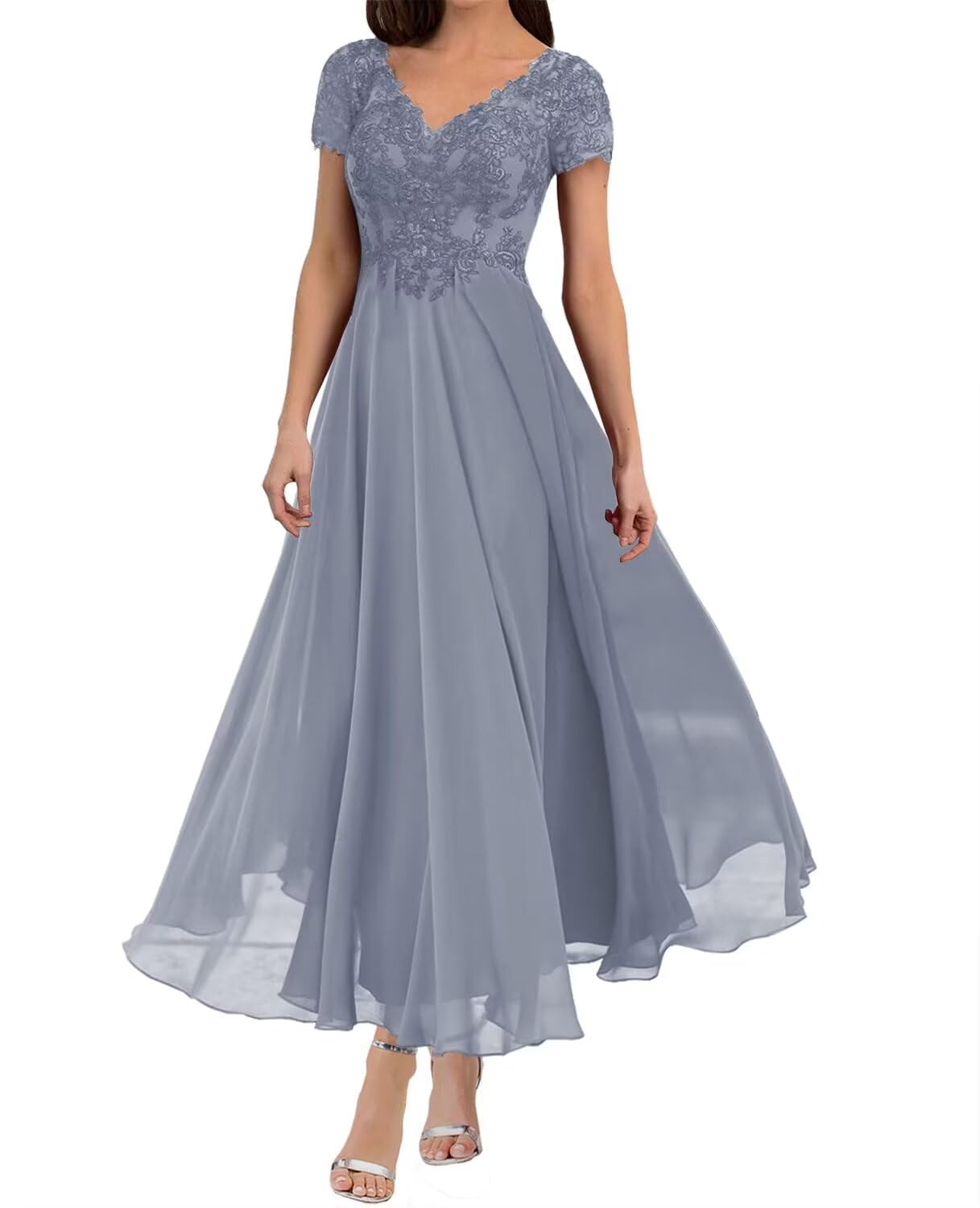 Photo 1 of Mother of The Bride Dresses for Wedding Plus Size Tea Length Dresses for Women Formal Short Sleeve Chiffon Dusty Blue 4 DR0201R JS