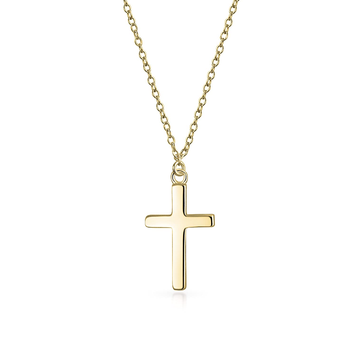 Bling Jewelry Delicate Small Simple Flat Religious Cross Pendant Necklace For Women Teens Polished 14K Yellow Gold Plated .925 Sterling Silver