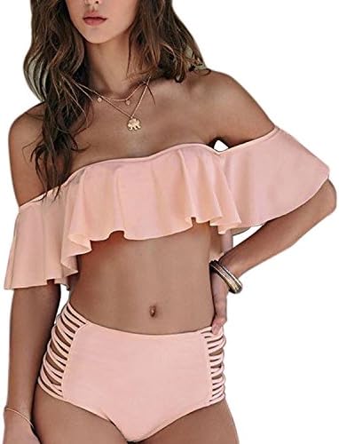Gabria Women Two Pieces Clear Sexy Swimsuit Crop Ruffled Off-shoulder Padded Bikini Sets Pink L
