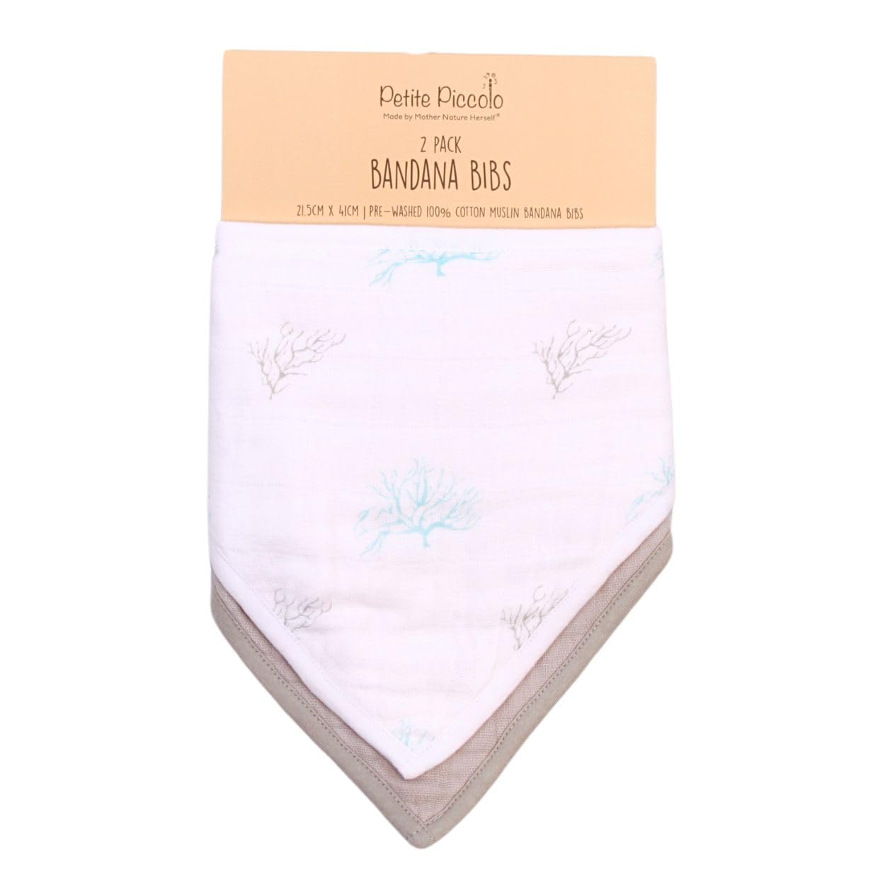 Petite Piccolo Muslin Baby Bibs, 2 Pack, Dribble Bandana Bibs, 100% Cotton, Drool Bibs, Soft and Absorbent, 21.5cm x 41cm - Coral Design