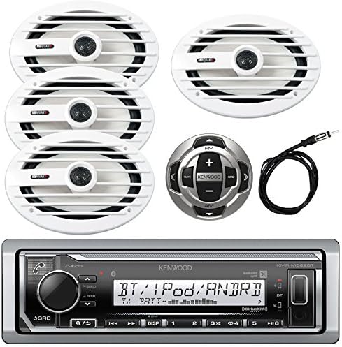 New Kenwood KMR-M312BT Bluetooth Marine Outdoor Digital USB AUX iPod iPhone AM/FM Radio Stereo Player &amp; KCA-RC35MR Wired Remote With 4 X 6" X 9" Inch MB Quart Marine Speakers And Enrock Stereo Antenna