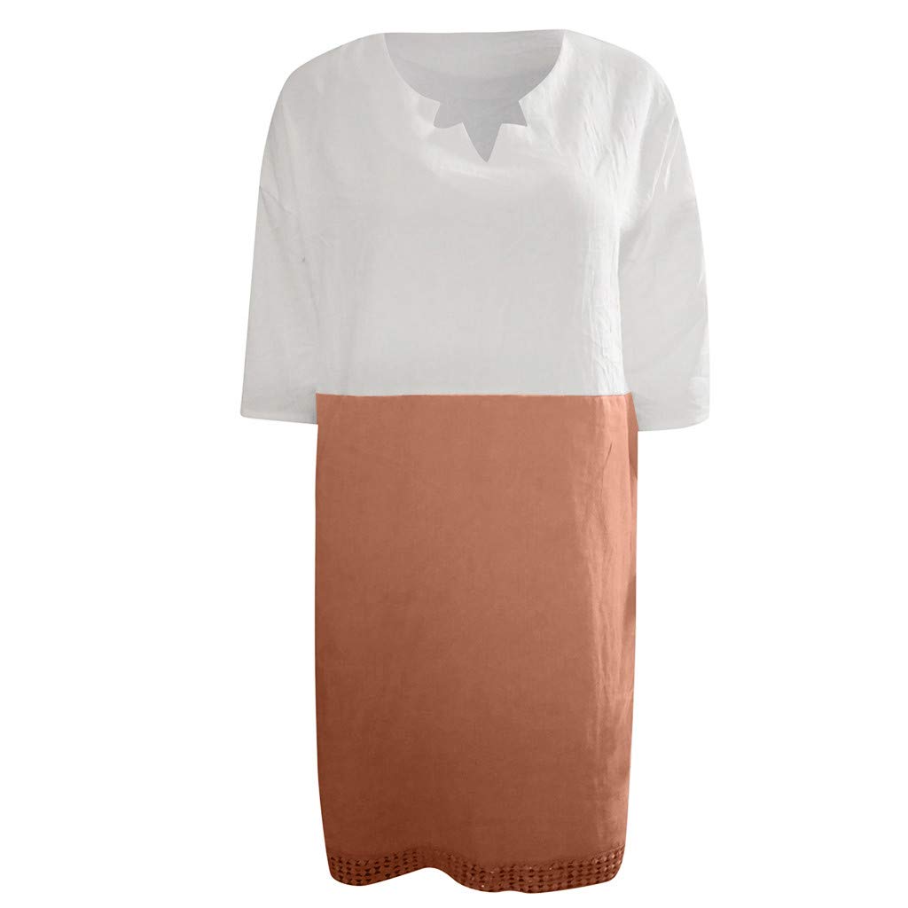 POTO Women Dresses, Loose Color Stitching Casual Dresses with Pockets Cotton Linen Tunic Dress Party Dress Beach Dress