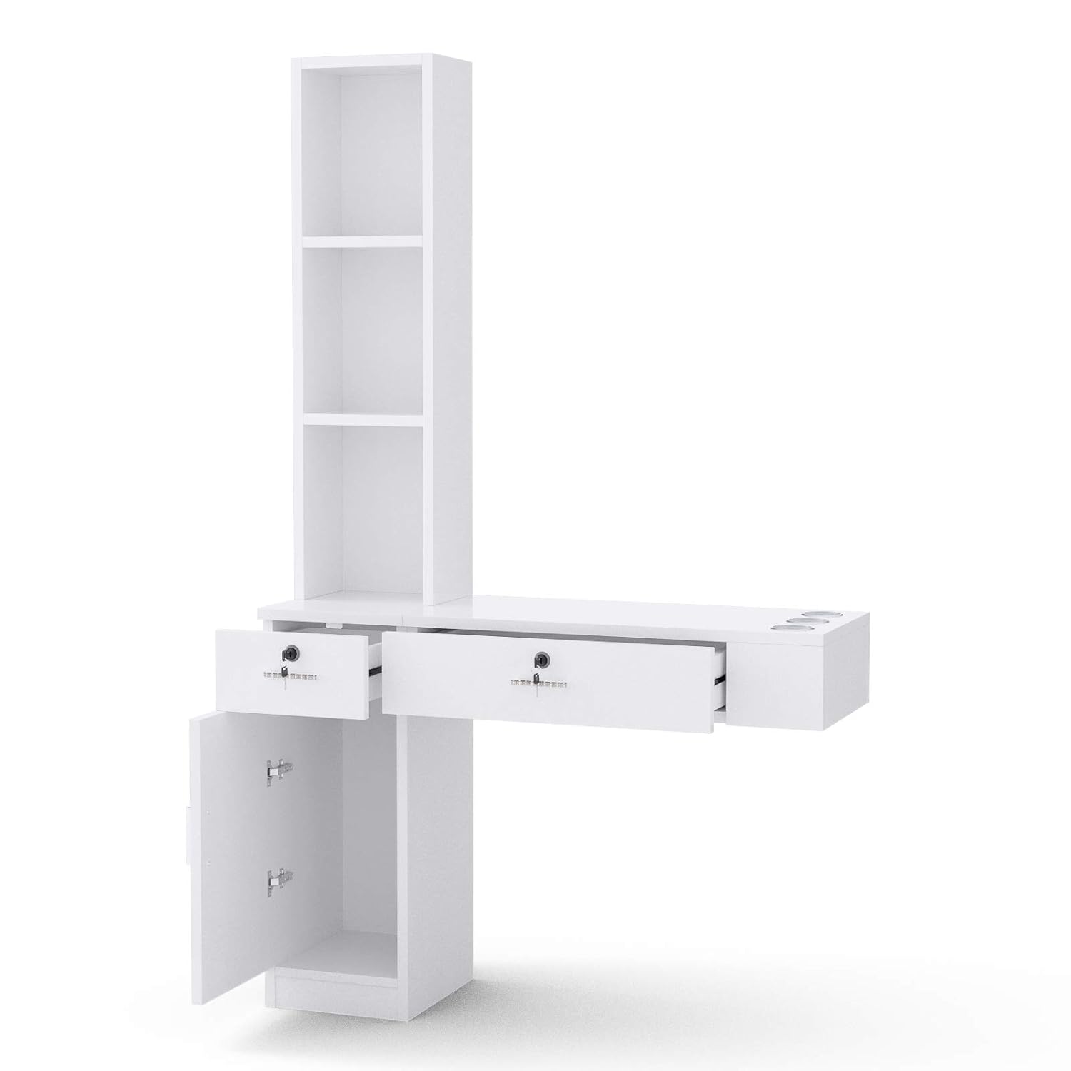 Nurxiovo Barber Station Makeup Hairstyling Tools Organizer Wall Mount Styling Beauty Spa Equipment Utility Set with 3 Appliance Holders, 2 Lockable Drawers, 1 Cabinet, 3 Storage Shelves (Left Shelf): Beauty