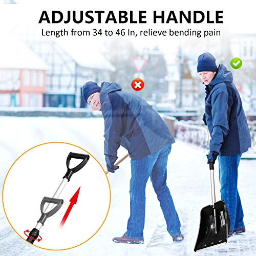 Micbox Snow Shovel with 46'' Adjustable Aluminum Handle 10.5'' Wide Blade Scoop Shovel, Digging Snow Removal Heavy Duty Snow Shovel Perfect for Car Driveway, Camping and Outdoor Emergency
