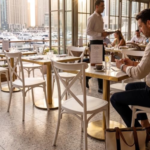 MARCOLO Amalfi Cross Back Chair, Modern Plastic Dining Chair, Lightweight & Durable, Weather and UV Resistant Indoor/Outdoor Chair for Kitchen, Dining Room, Café & Patio (White)