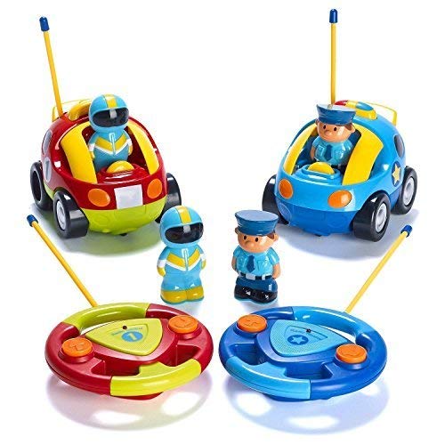 Prextex Pack of 2 Cartoon R/C Police Car and Race Car Radio Control Toys for Kids- Each with Different Frequencies So Both Can Race Together Prextex Pack of 2 Cartoon R/C Police Car and Race Car Radio Control Toys for Kids- Each with Different Frequencies So Both Can Race Together