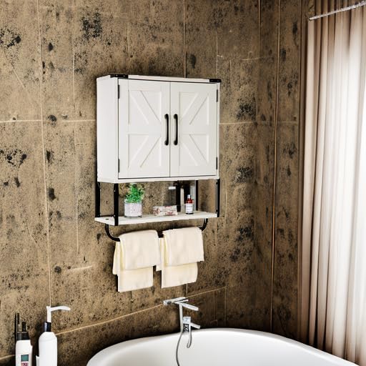 RUSTOWN FARMHOUSE MEDICINE CABINET WITH 2 BARN DOOR, WOOD WALL MOUNTED STORAGE CABINET WITH ADJUSTABLE SHELF AND TOWEL BAR, 3-TIER BATHROOM CABINET FOR BATHROOM, LIVING ROOM(VINTAGE WHITE, MEDIUM)