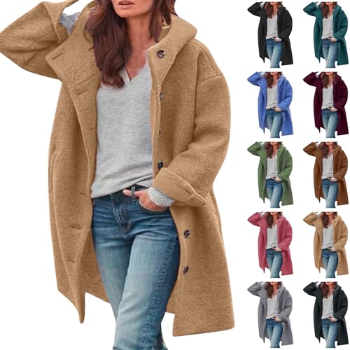 DUHGBNE winter jackets for women uk warm waterproof Trench Coats for Women Casual Thicken Wool Pea Coat Jacket Loose Fit Long Sleeve Windpoof Jackets with Pockets Ladies Warm puffer jacket fur hood
