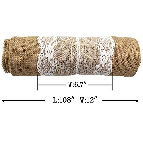 CCTRO Lace Hessian Table Runner, Rustic Natural Jute Country Outdoor Wedding Party Vintage Ivory Burlap Table Cloths Decoration 12x108 inches (2PCS C) - Thumbnail 2