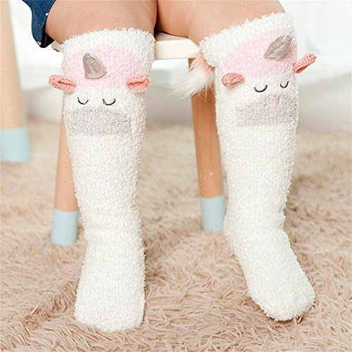 OKIYA Knee-high Floor Home Stockings Coral Fleece Cashmere Socks Cartoon Animals Baby Kids Elk Unicorn Bear (white2)