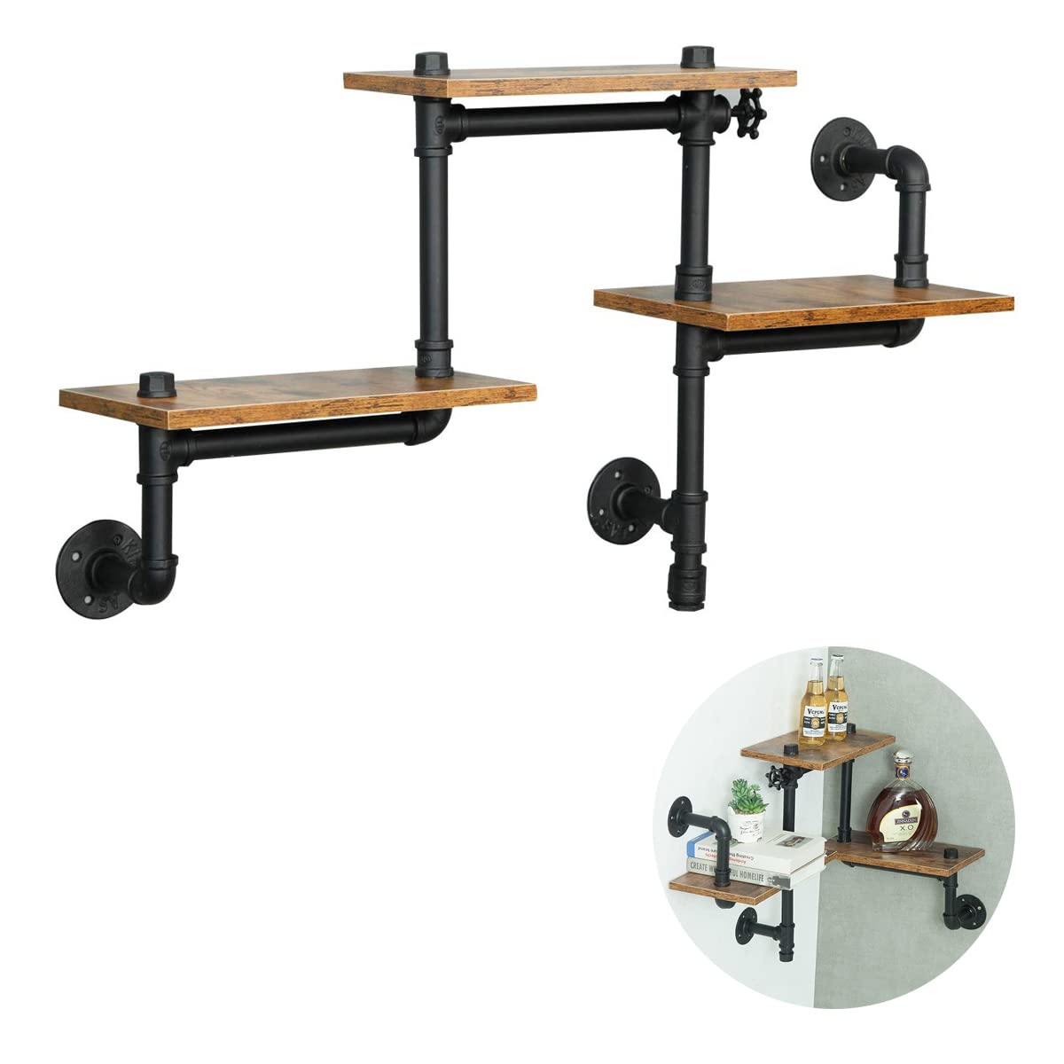 Photo 1 of HEONITURE Industrial Pipe Shelving, Pipe Shelves with Wood Planks, Floating Shelves Wall Mounted, Retro Rustic Industrial Shelf for Bar Kitchen Living Room