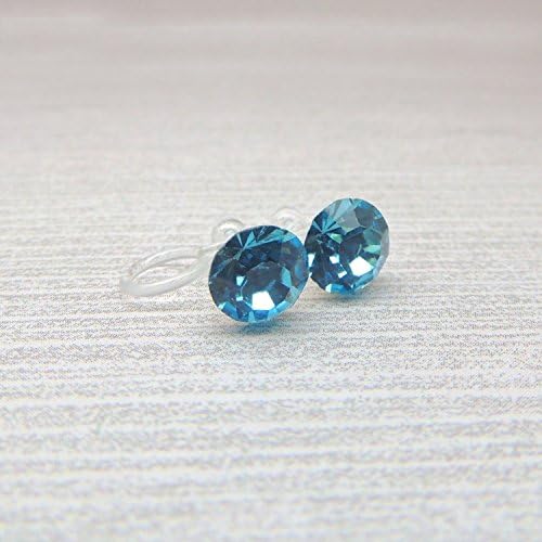 Invisible Clip On 8mm Large Round Glass Rhinestones Earrings for Non-Pierced Ears, Aqua Blue