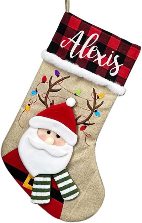 Stockings & Holders - Juantao Personalized Christmas Stocking with Name Buffalo Plaid Xmas Stocking with 3D Gnome Santa Reindeer White Bear Snowmen Hanging Stocking for Christmas Tree Family Holiday Party Decoration