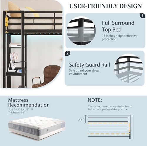 CHAGEE Hogar y Cocina Litera Matrimonial con Escritorio Incorporado | Cama Alta de Metal Sólido para Adultos y Niños | 2 Escaleras Integradas y Barandilla de Seguridad | Estructura Antiruido