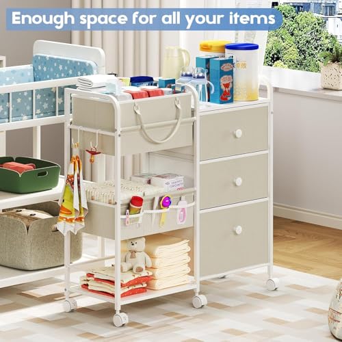 2In1 Baby Diaper Caddy Organizers and Storage, 3 Tier Rolling Cart with Dividers and Drawers, Mobile Utility Cart Baby Dresser Clothes Organizer for Changing Table, Crib Nursery, Bedroom