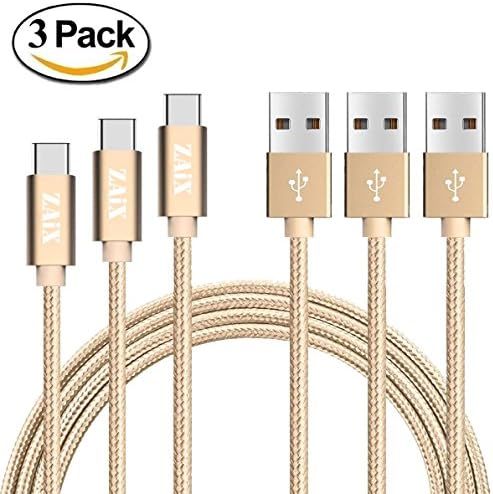 Pack of 3 Heavy Duty Data-Sync & Charge Cable (Standard 3 Feet) For Huawei Mate 10 Pro Porsche Design Honor View 10 Honor 9, Nylon Braided USB Type C Charging Cord (Gold)
