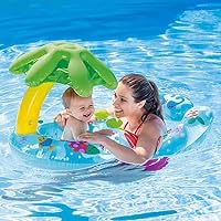 loukou Cute Cartoon Print Inflatable Safety Float Seat Parent-Child Swimming Ring with Shade Throw Rings