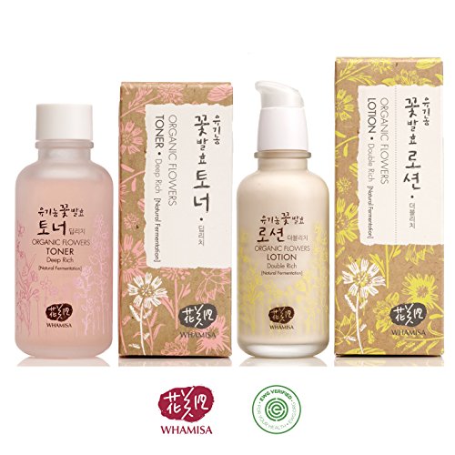Whamisa Natural Fermentation Organic Flowers Deep Rich Toner & Double Rich Lotion Skin Care Set + Whamisa Organic Facial Mask & A Sample Kit of 8