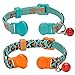 Blueberry Pet Cat Collar Breakaway 2 Pack, Fish Bone & Leopard Print, Adjustable Cat Collars for Boy Cats, Turquoise Blue with Bell, Neck 9-13